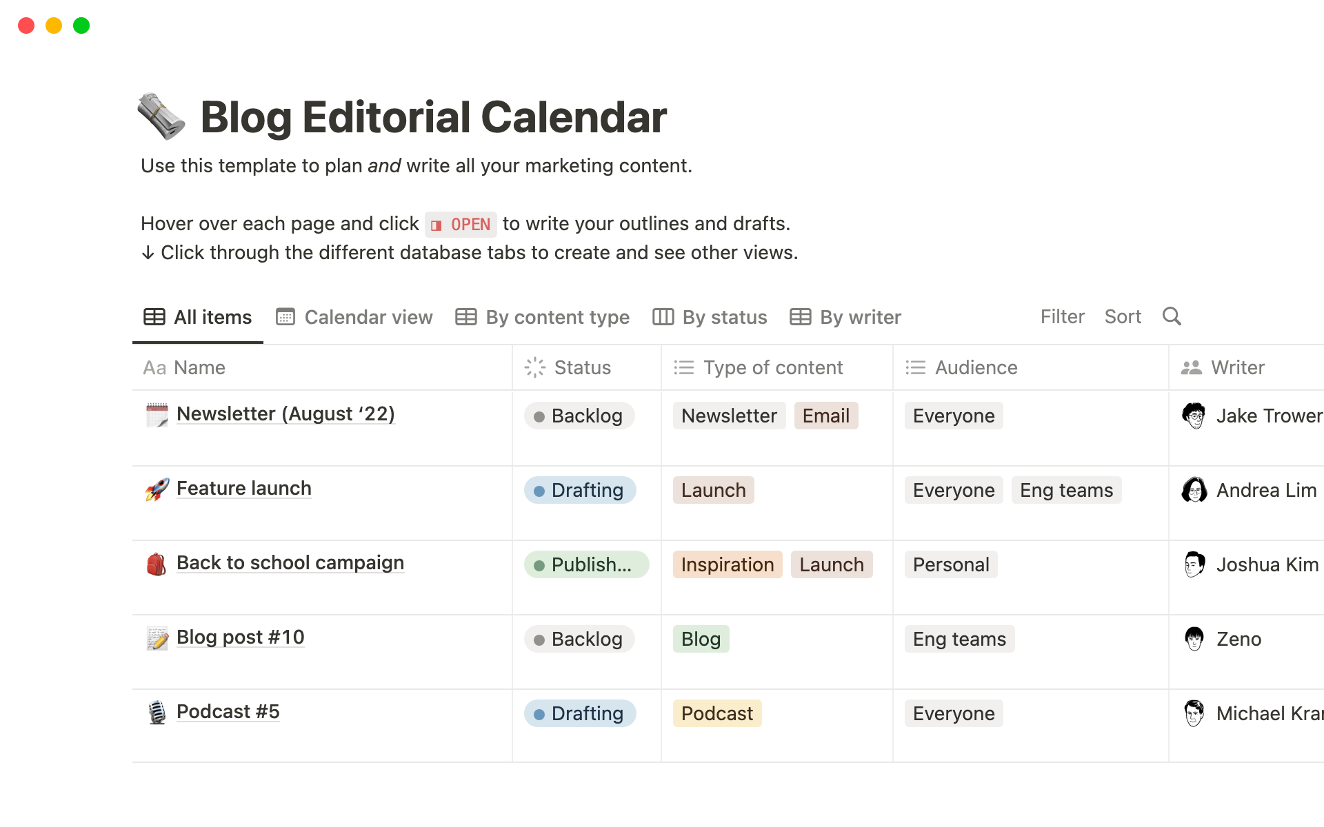 Sample Blog Editorial Calendar